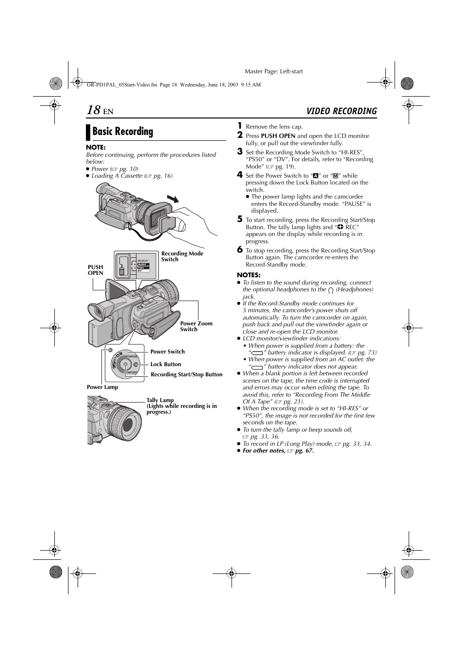 Basic recording, Video recording | JVC GR-PD1 User Manual | Page 18 / 88