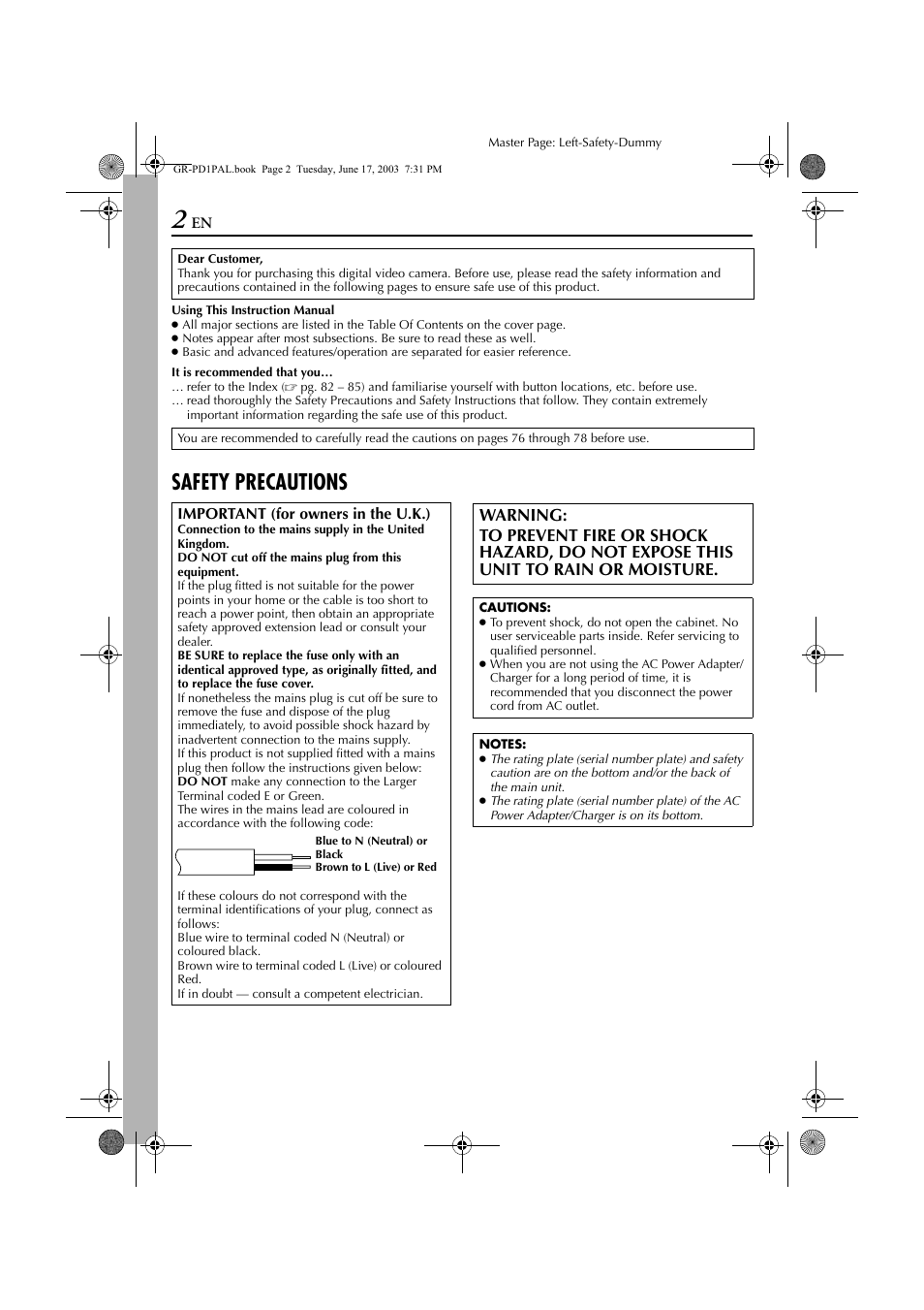 Safety precautions | JVC GR-PD1 User Manual | Page 2 / 88