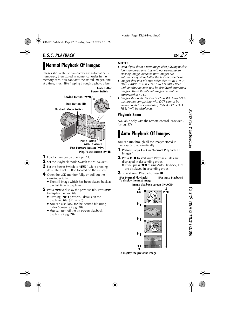 Normal playback of images, Auto playback of images, D.s.c. playback | Playback zoom | JVC GR-PD1 User Manual | Page 27 / 88