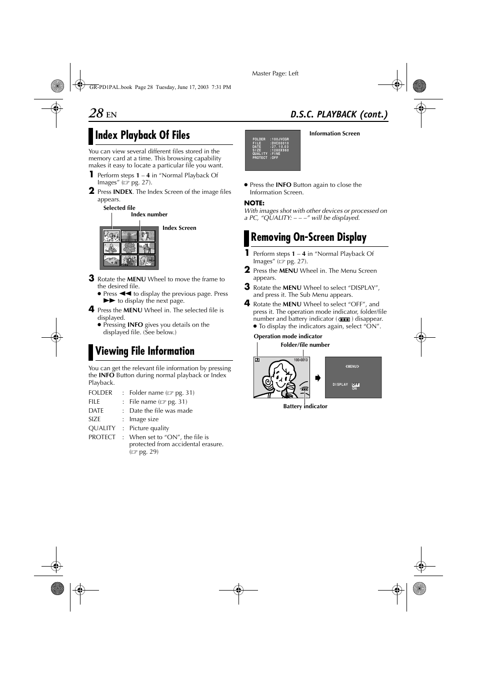 Index playback of files viewing file information, Removing on-screen display, D.s.c. playback (cont.) | JVC GR-PD1 User Manual | Page 28 / 88