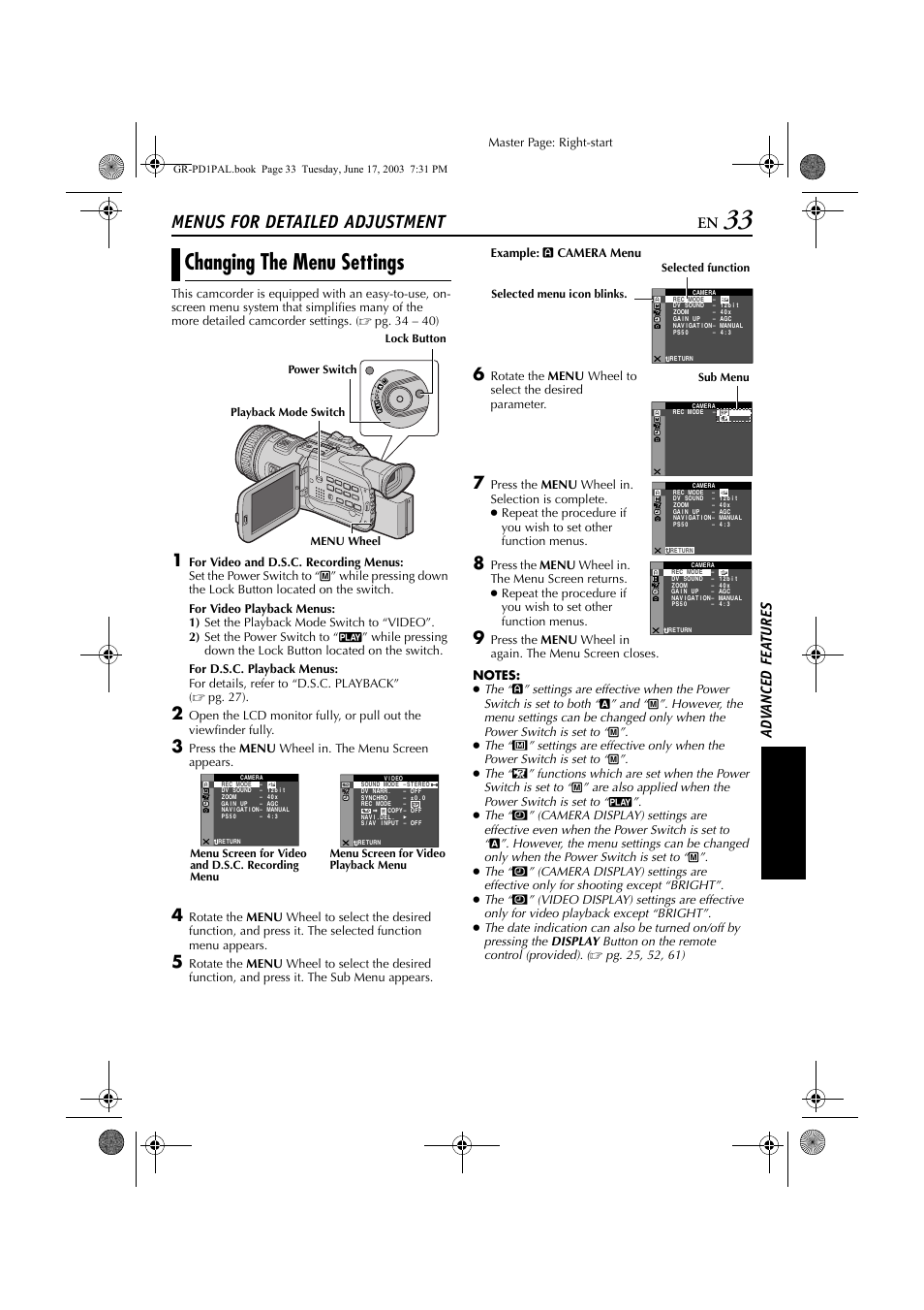 Changing the menu settings, Menus for detailed adjustment, Ad v a nced fe a ture s | Master page: right-start, Press the menu wheel in. the menu screen appears, Selected menu icon blinks. selected function, Sub menu | JVC GR-PD1 User Manual | Page 33 / 88