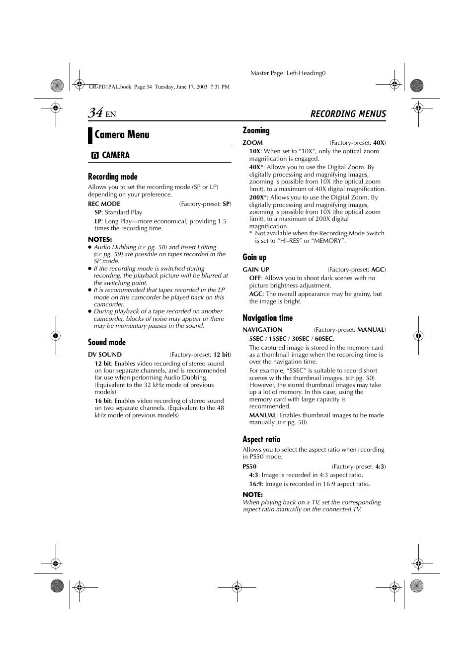 Camera menu, Recording menus | JVC GR-PD1 User Manual | Page 34 / 88