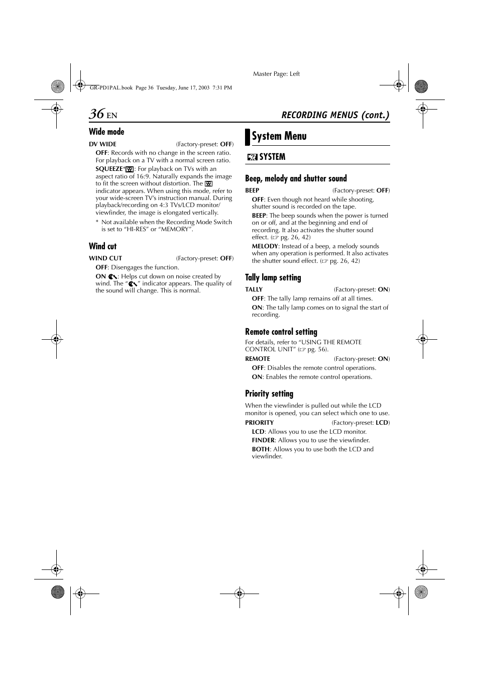 System menu, Recording menus (cont.) | JVC GR-PD1 User Manual | Page 36 / 88