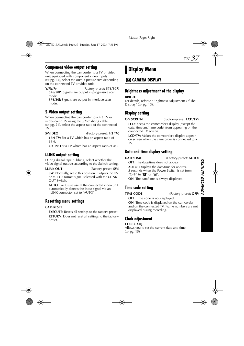 Display menu | JVC GR-PD1 User Manual | Page 37 / 88