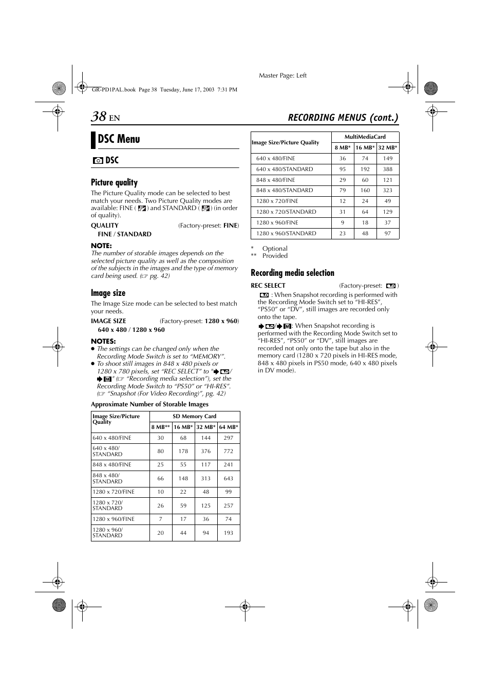 Dsc menu, Recording menus (cont.), Dsc picture quality | Image size, Recording media selection | JVC GR-PD1 User Manual | Page 38 / 88