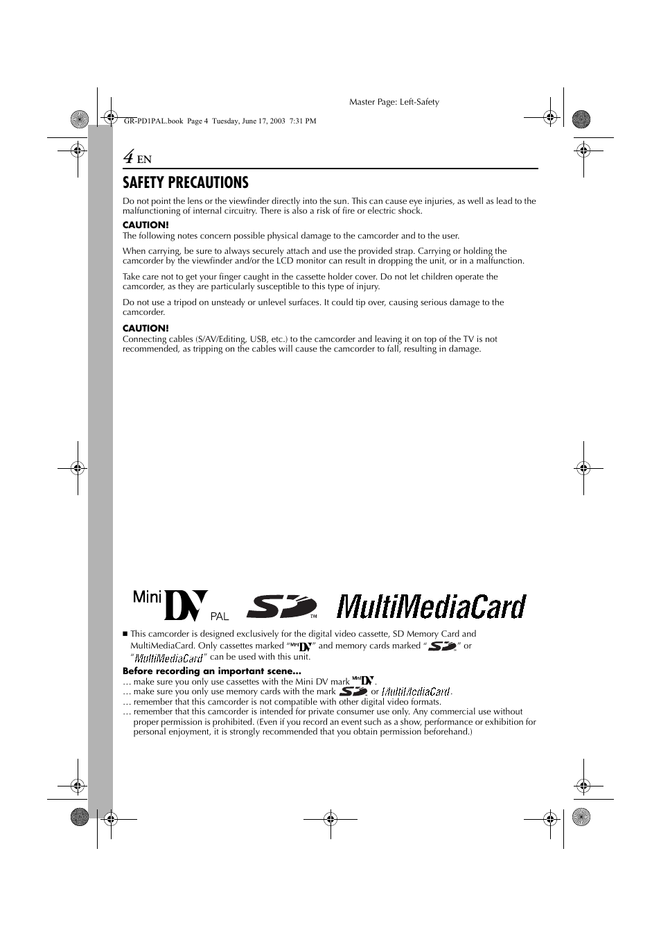 Safety precautions | JVC GR-PD1 User Manual | Page 4 / 88