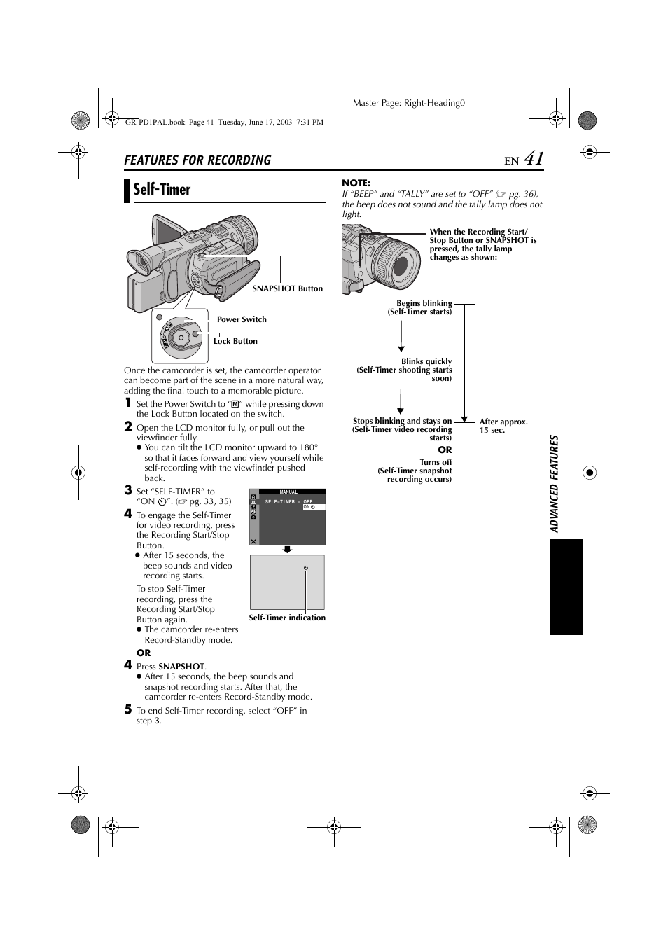 Self-timer, Features for recording, Ad v a nced fe a ture s | JVC GR-PD1 User Manual | Page 41 / 88