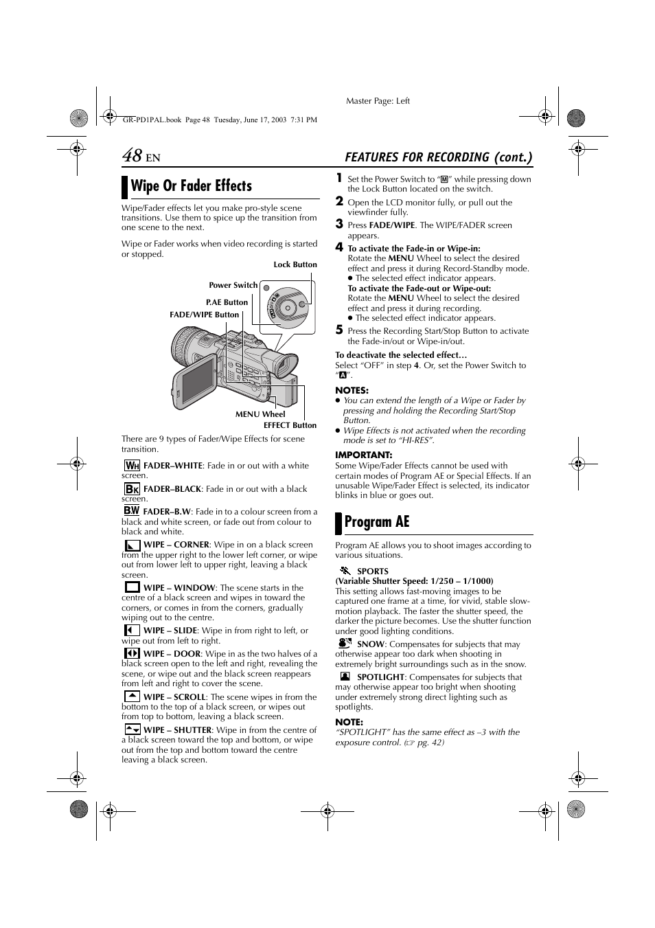 Wipe or fader effects, Program ae, Features for recording (cont.) | JVC GR-PD1 User Manual | Page 48 / 88