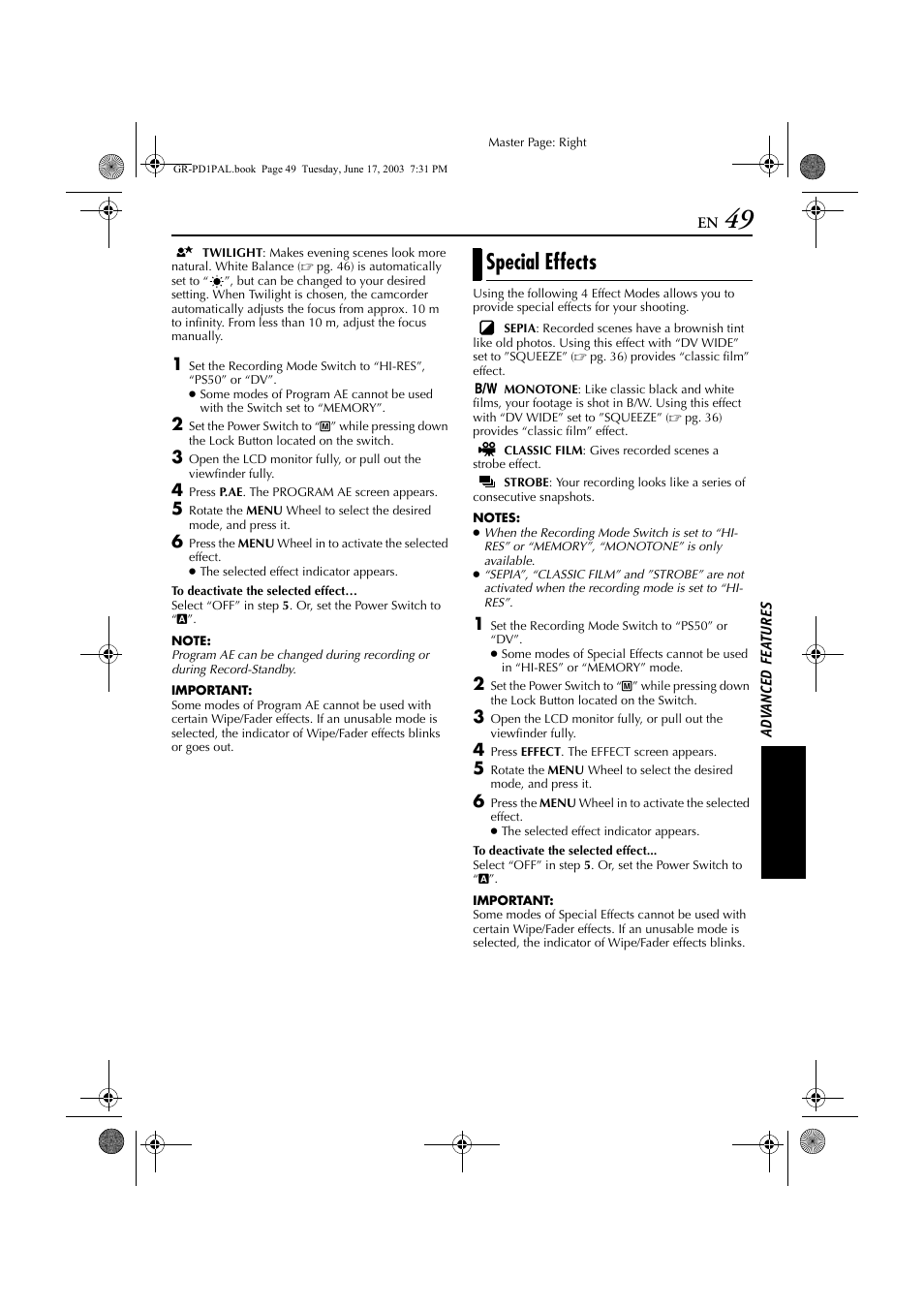 Special effects | JVC GR-PD1 User Manual | Page 49 / 88