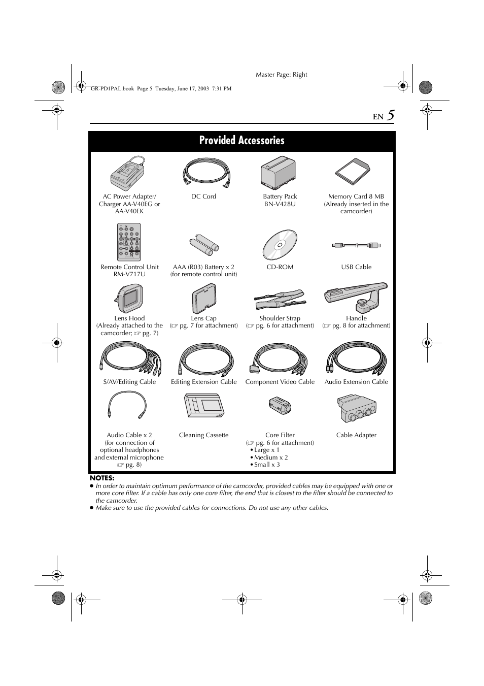 Provided accessories | JVC GR-PD1 User Manual | Page 5 / 88