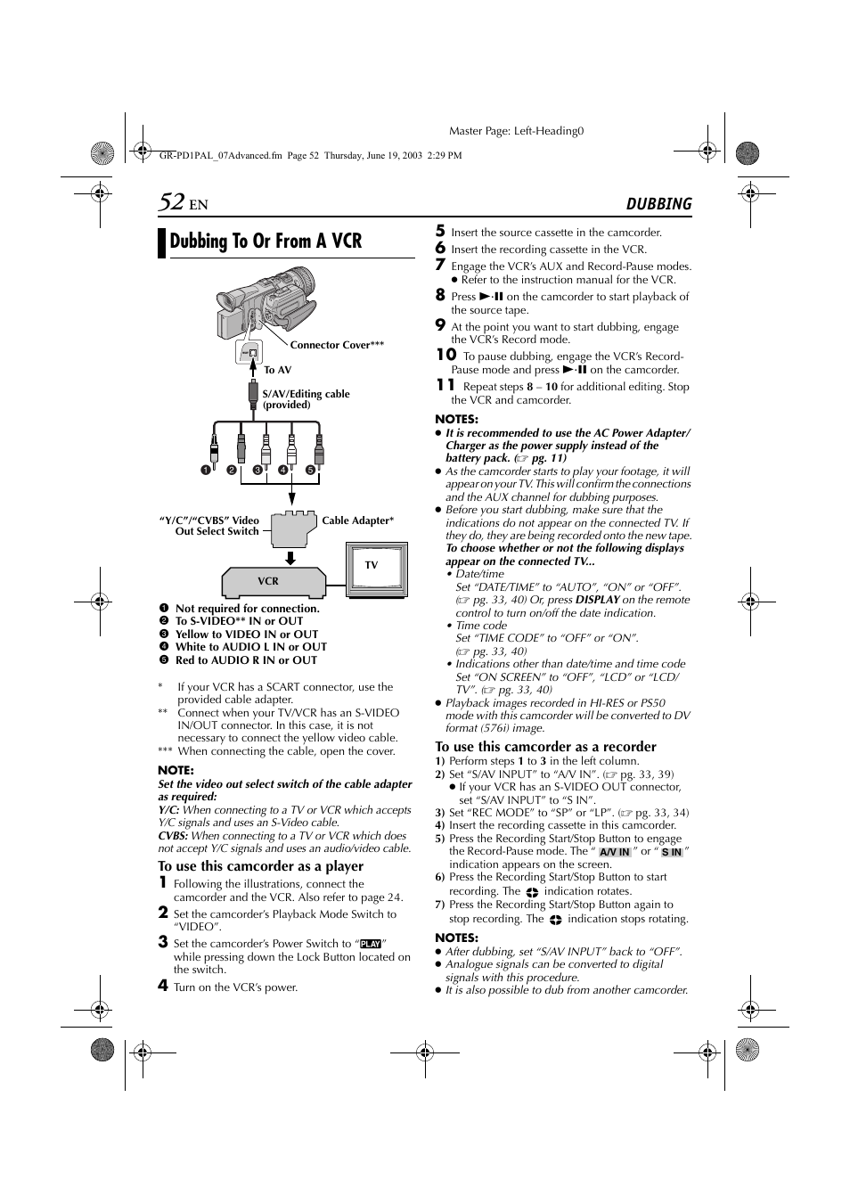 Dubbing to or from a vcr, Dubbing | JVC GR-PD1 User Manual | Page 52 / 88