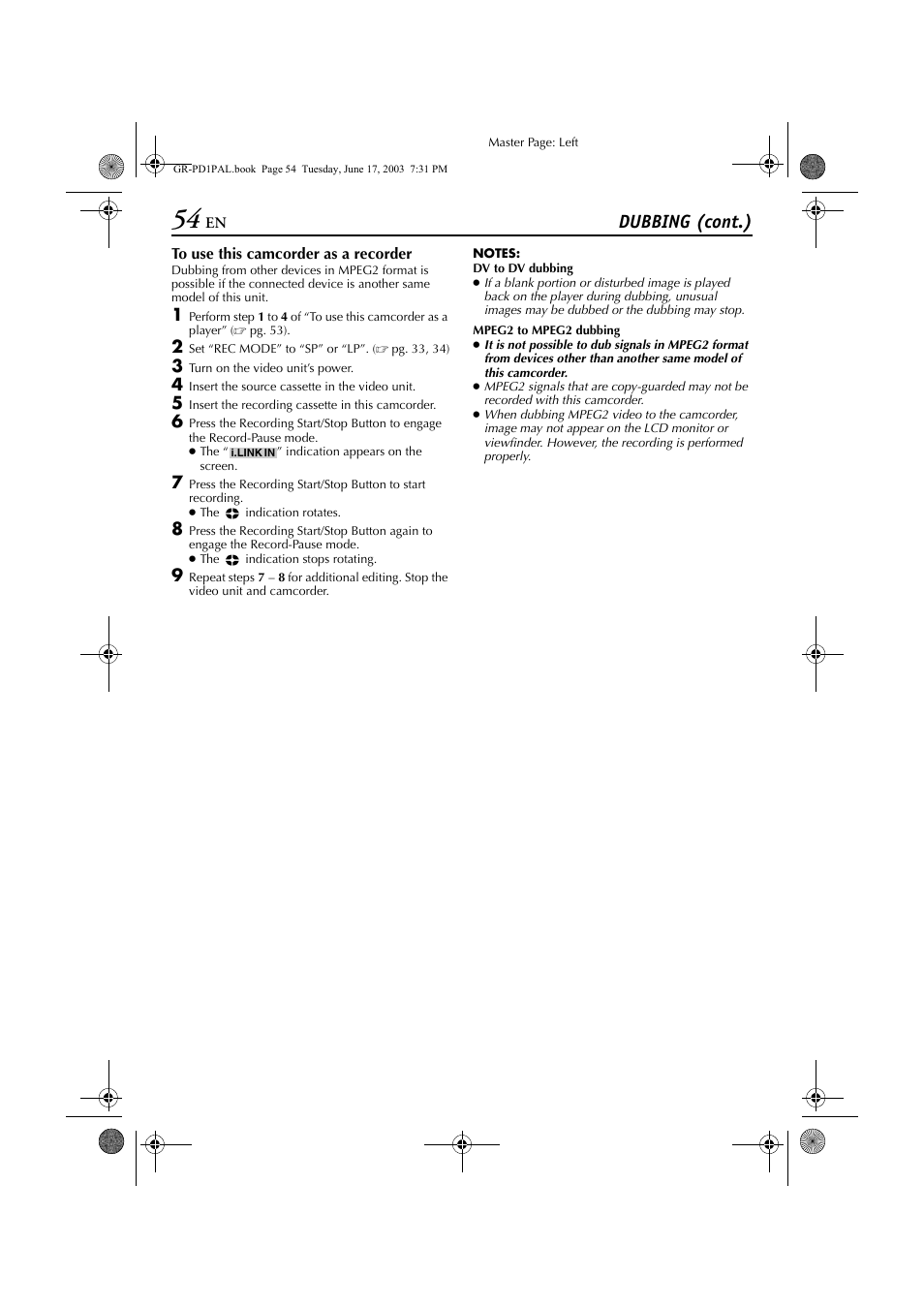 Dubbing (cont.) | JVC GR-PD1 User Manual | Page 54 / 88