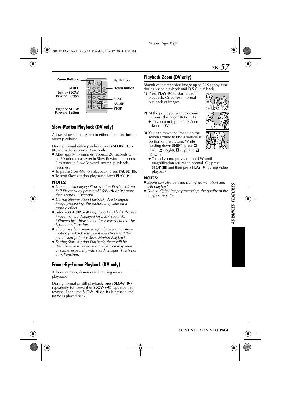 Slow-motion playback (dv only), Frame-by-frame playback (dv only), Playback zoom (dv only) | JVC GR-PD1 User Manual | Page 57 / 88