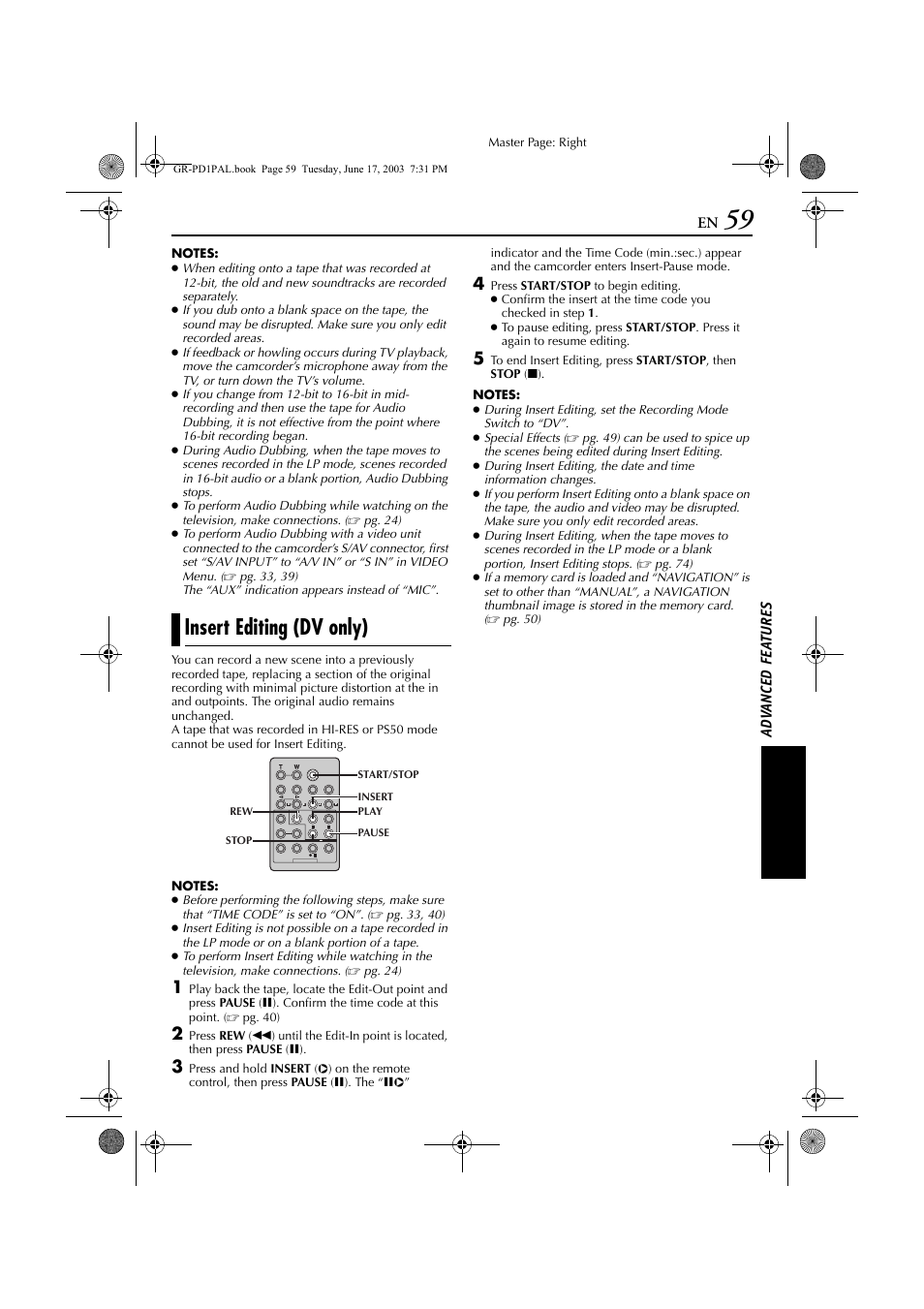 Insert editing (dv only) | JVC GR-PD1 User Manual | Page 59 / 88