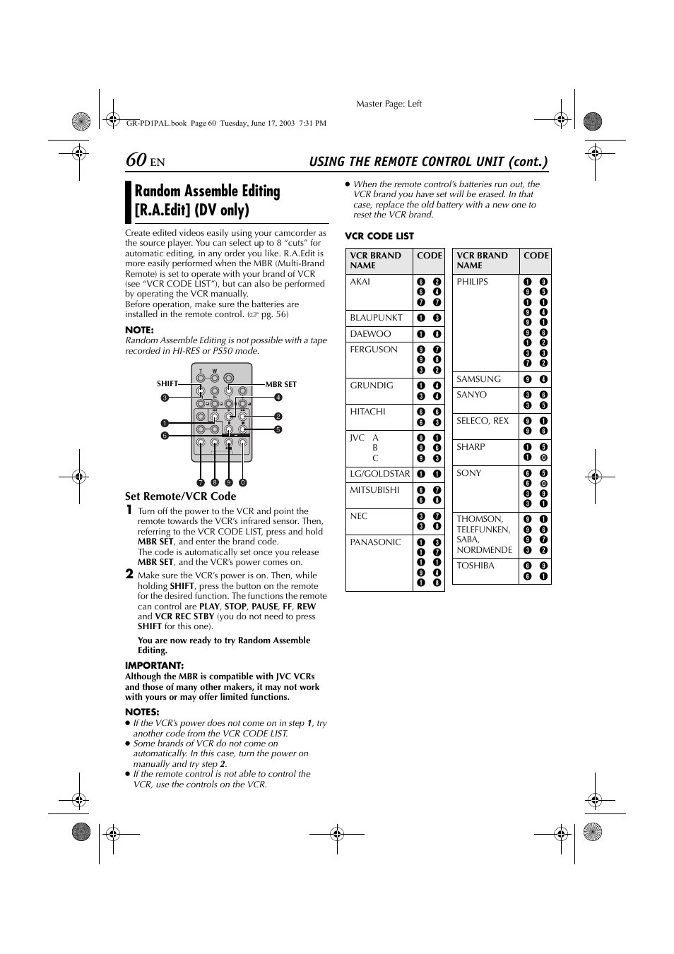 Random assemble editing [r.a.edit] (dv only), Using the remote control unit (cont.) | JVC GR-PD1 User Manual | Page 60 / 88