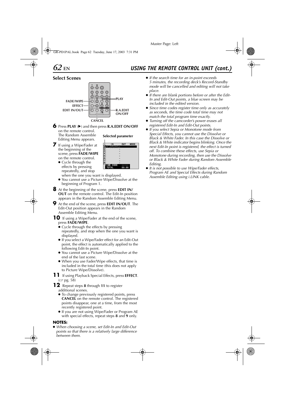 Using the remote control unit (cont.) | JVC GR-PD1 User Manual | Page 62 / 88