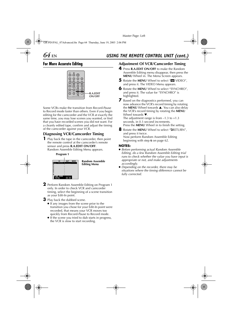 Using the remote control unit (cont.), For more accurate editing | JVC GR-PD1 User Manual | Page 64 / 88