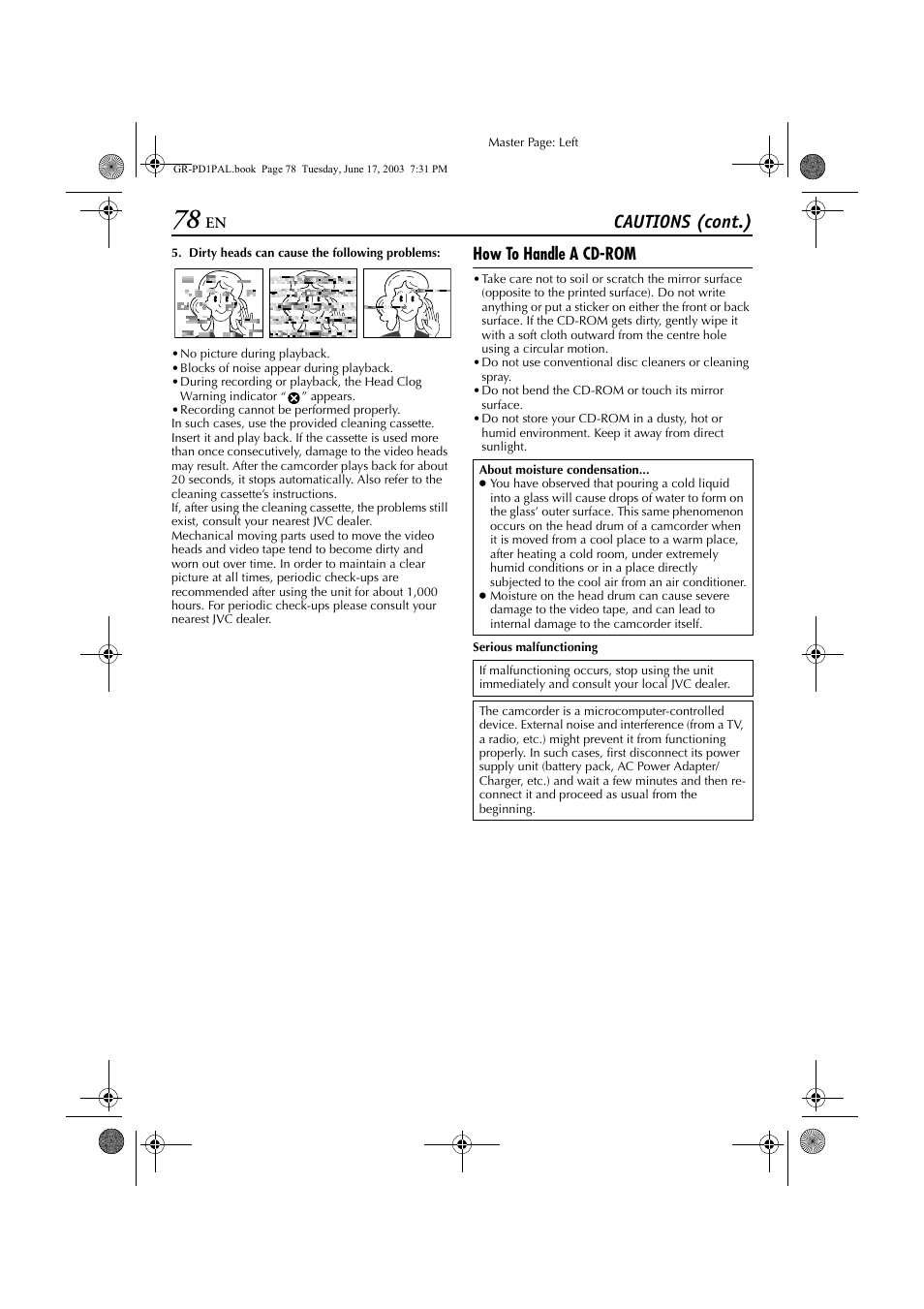 Cautions (cont.), How to handle a cd-rom | JVC GR-PD1 User Manual | Page 78 / 88