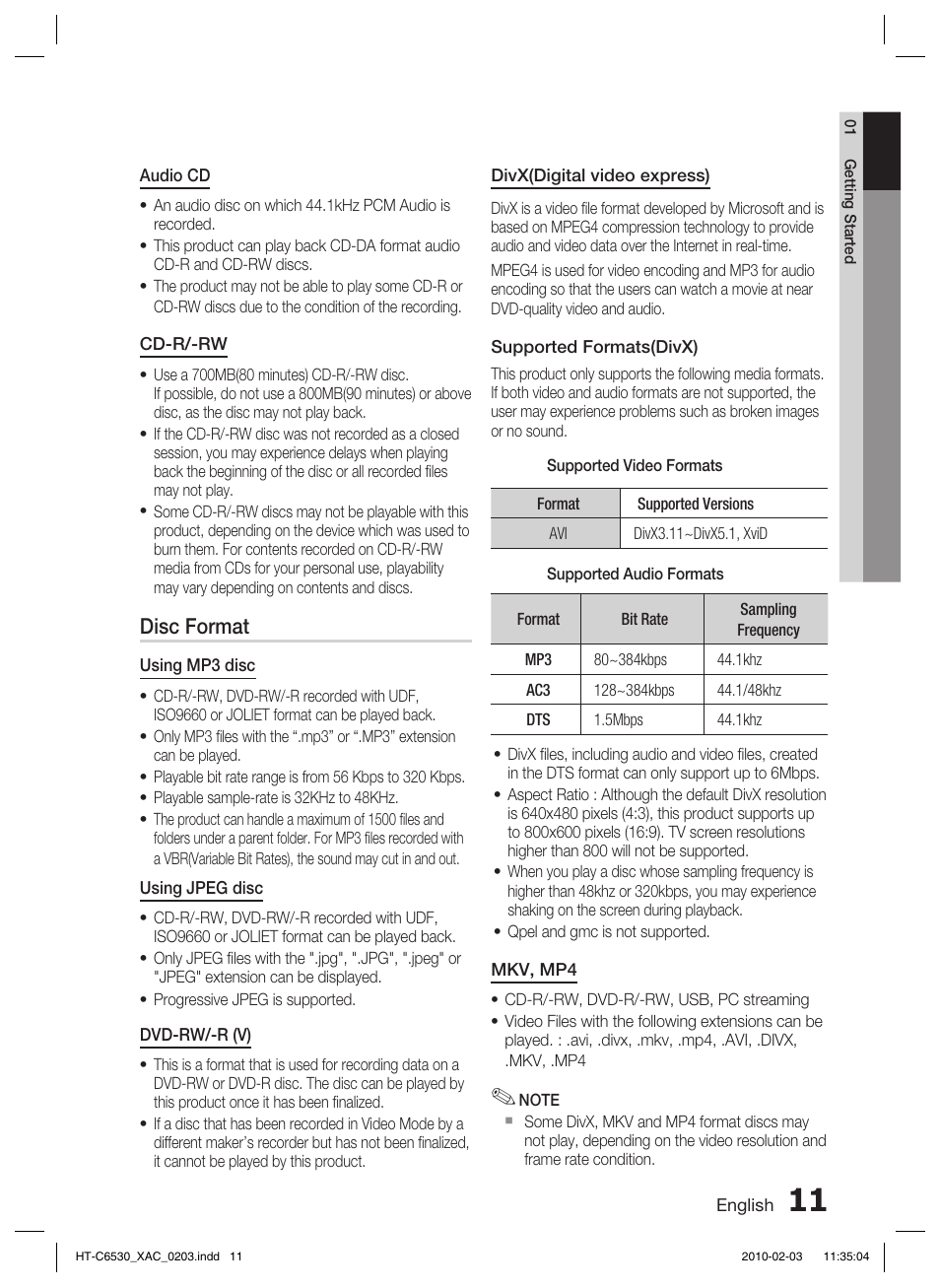 Disc format | Samsung HT-C6530 User Manual | Page 11 / 69