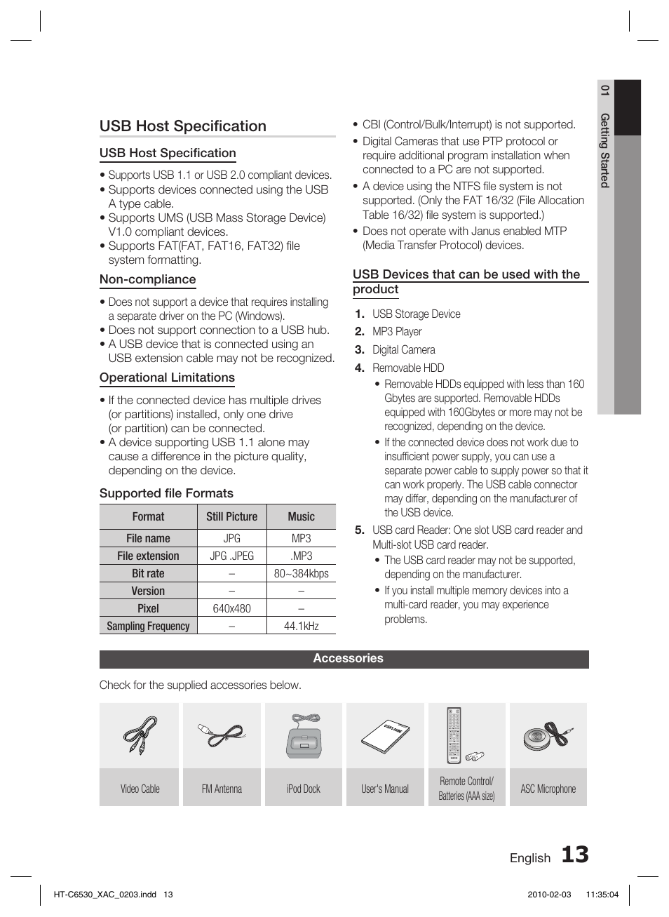 Accessories, Description, Usb host speciﬁ cation | Samsung HT-C6530 User Manual | Page 13 / 69
