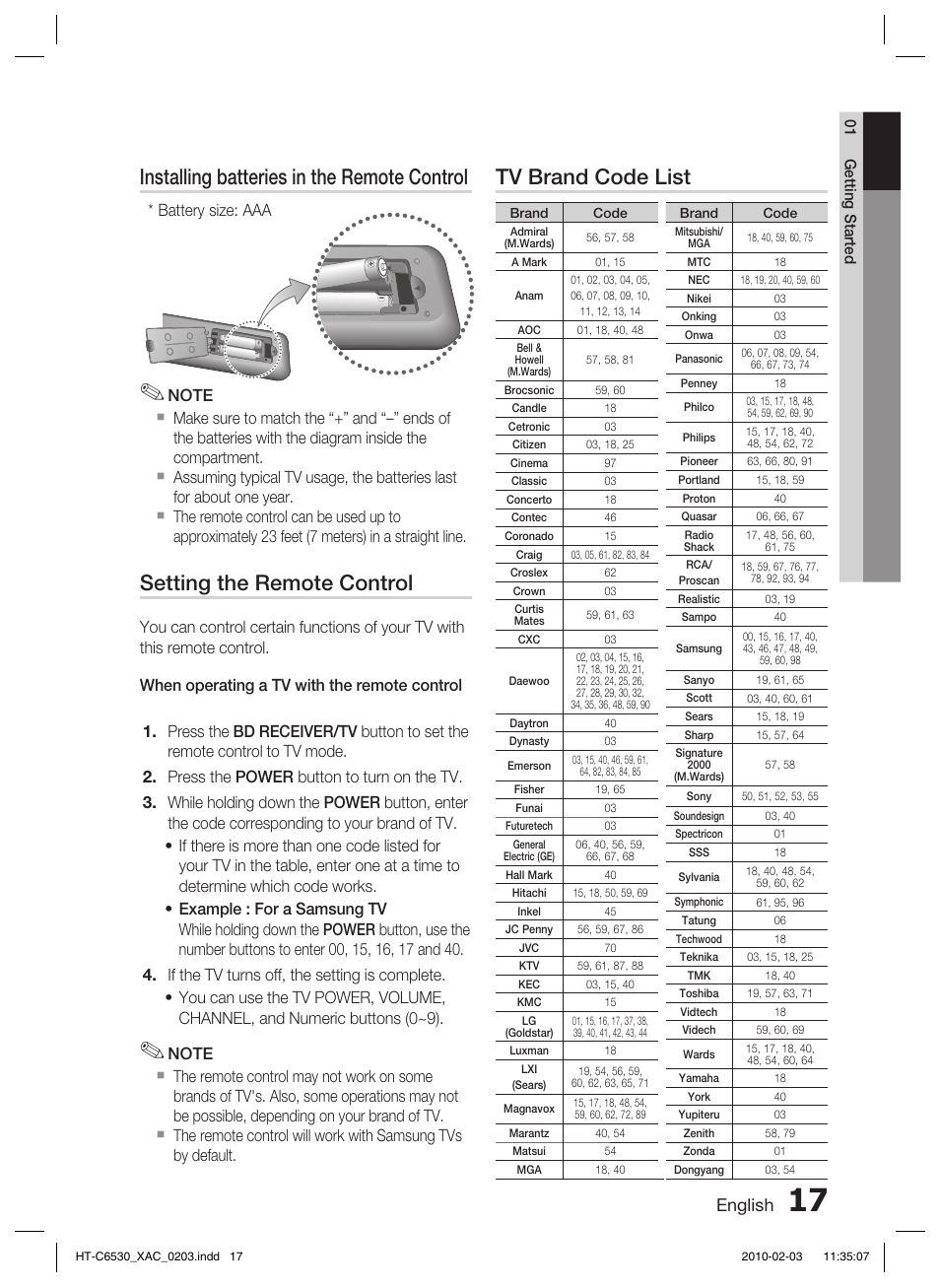 Installing batteries in the remote control, Setting the remote control, Tv brand code list | English, Battery size: aaa | Samsung HT-C6530 User Manual | Page 17 / 69