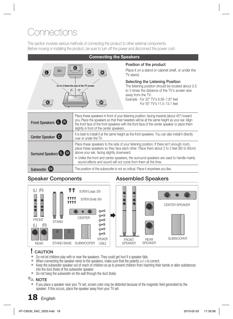 Connections, Connecting the speakers, Speaker components assembled speakers | Samsung HT-C6530 User Manual | Page 18 / 69
