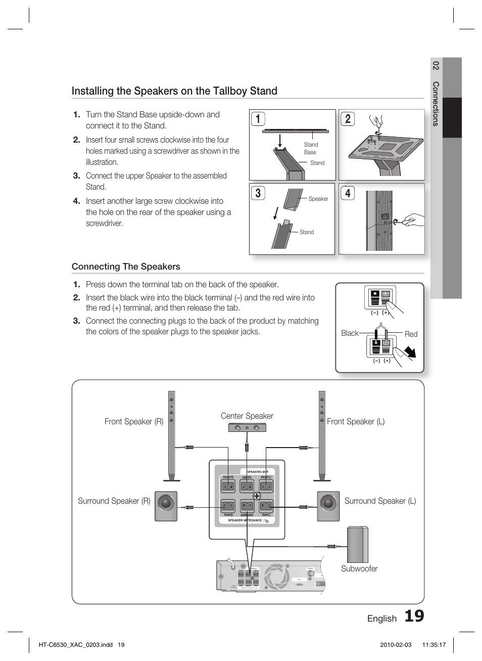 Connecting the optional wireless receiver module, Installing the speakers on the tallboy stand | Samsung HT-C6530 User Manual | Page 19 / 69