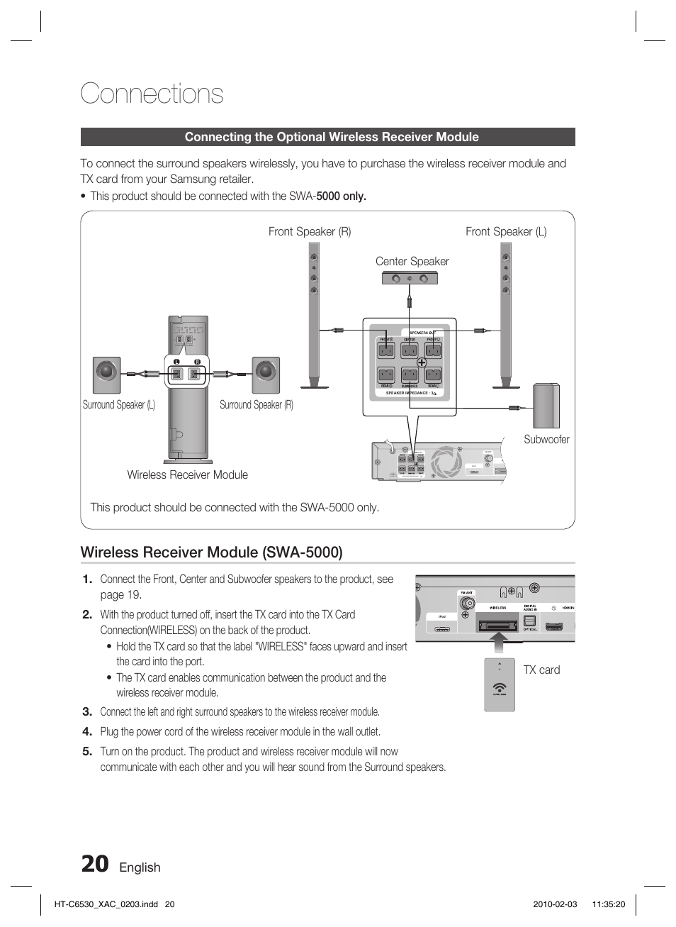 Connections, Wireless receiver module (swa-5000) | Samsung HT-C6530 User Manual | Page 20 / 69