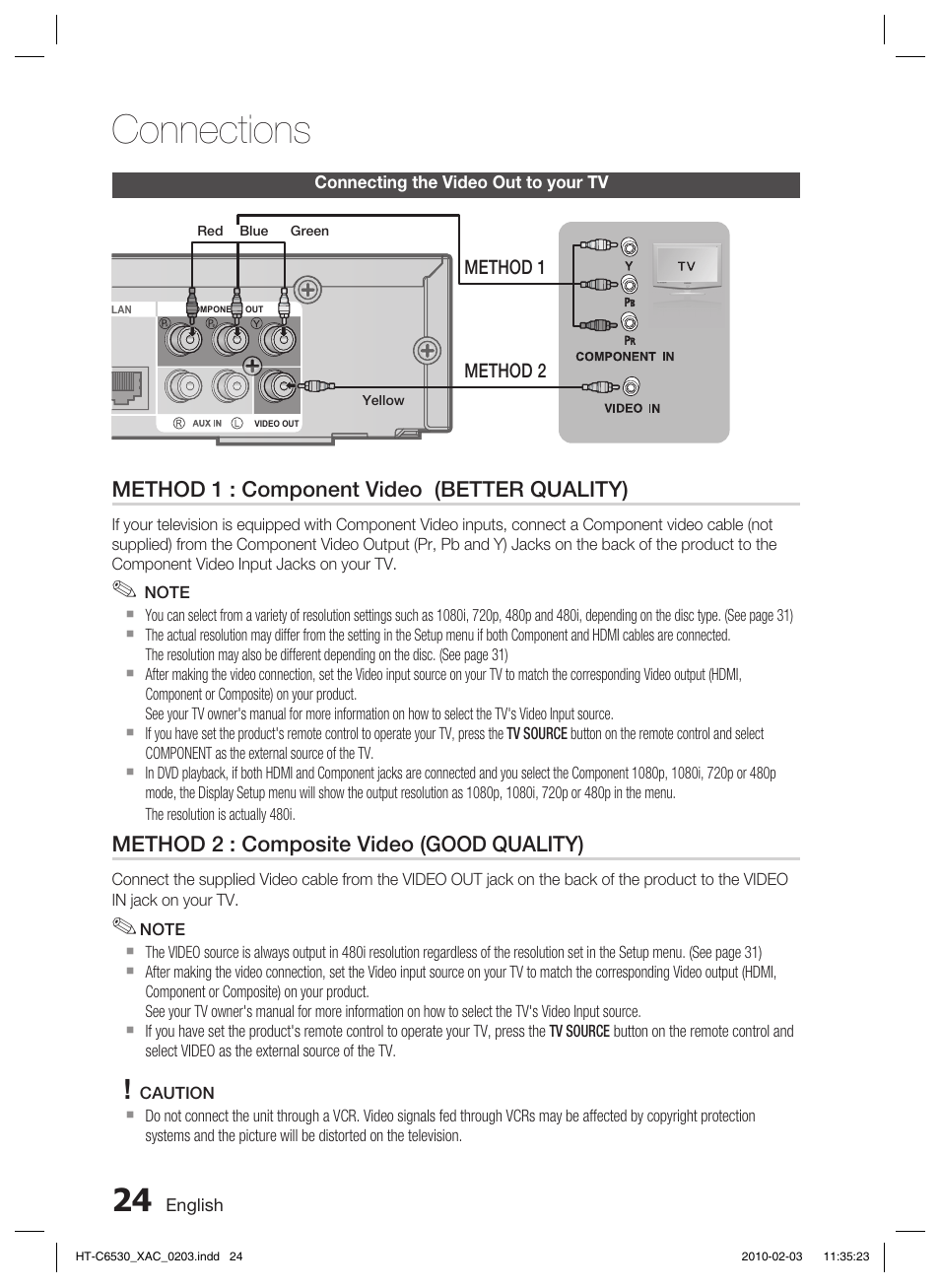 Connecting the video out to your tv, Connections | Samsung HT-C6530 User Manual | Page 24 / 69