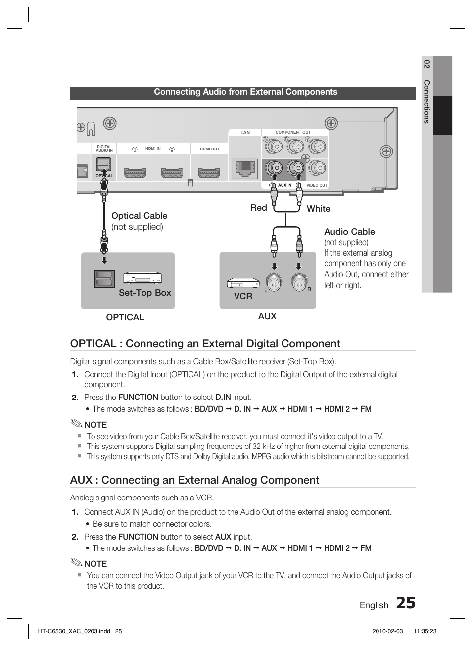 Connecting audio from external components, Optical : connecting an external digital component, Aux : connecting an external analog component | Samsung HT-C6530 User Manual | Page 25 / 69