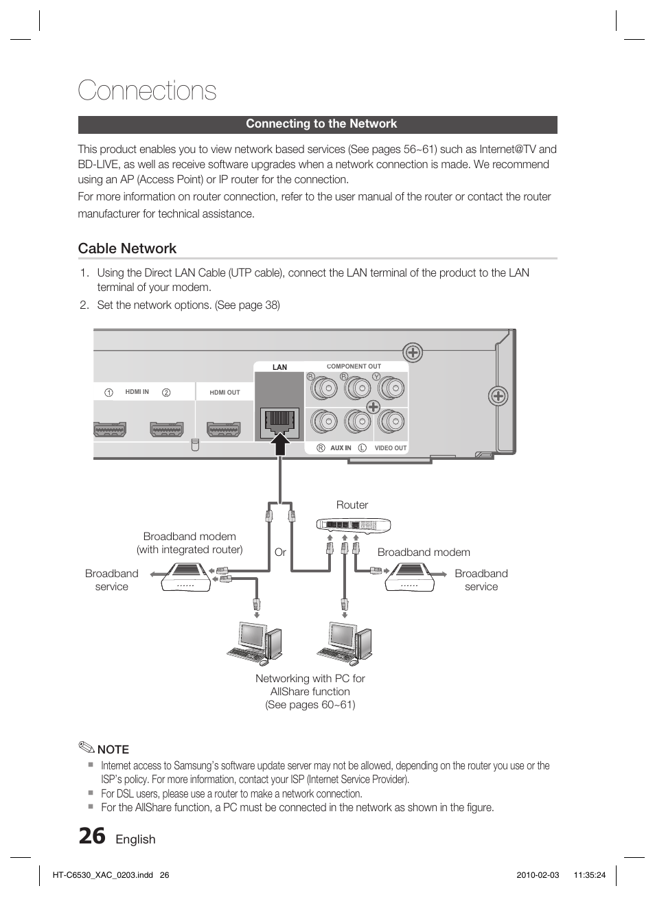 Connecting to the network, Connections, Cable network | Samsung HT-C6530 User Manual | Page 26 / 69