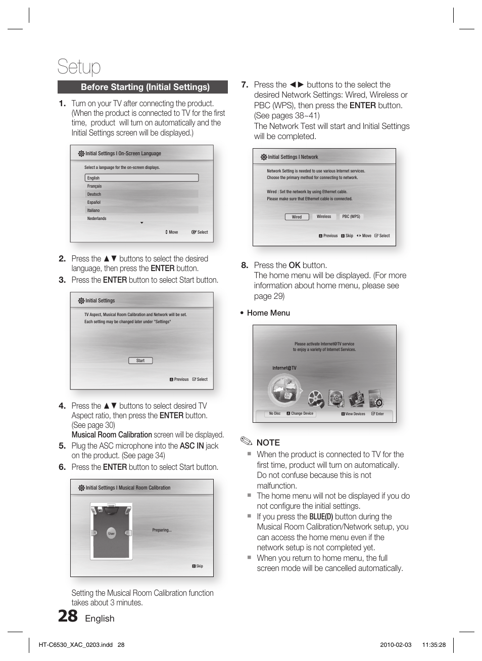 Setup, Before starting (initial settings), English | Home menu | Samsung HT-C6530 User Manual | Page 28 / 69