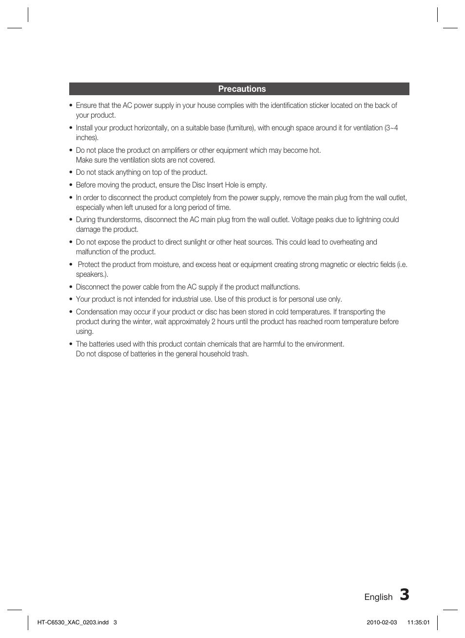 Precautions | Samsung HT-C6530 User Manual | Page 3 / 69
