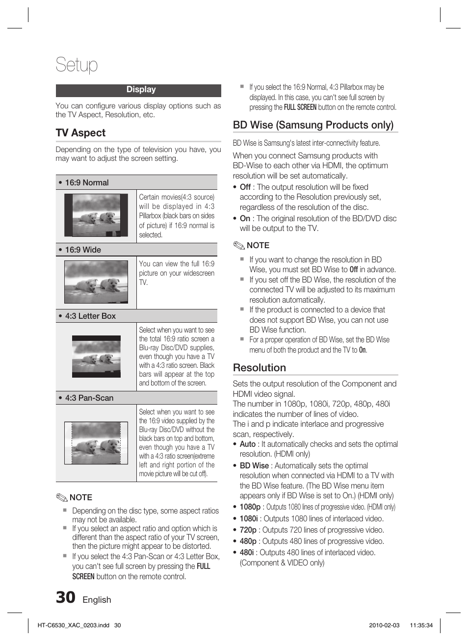 Display, Setup | Samsung HT-C6530 User Manual | Page 30 / 69