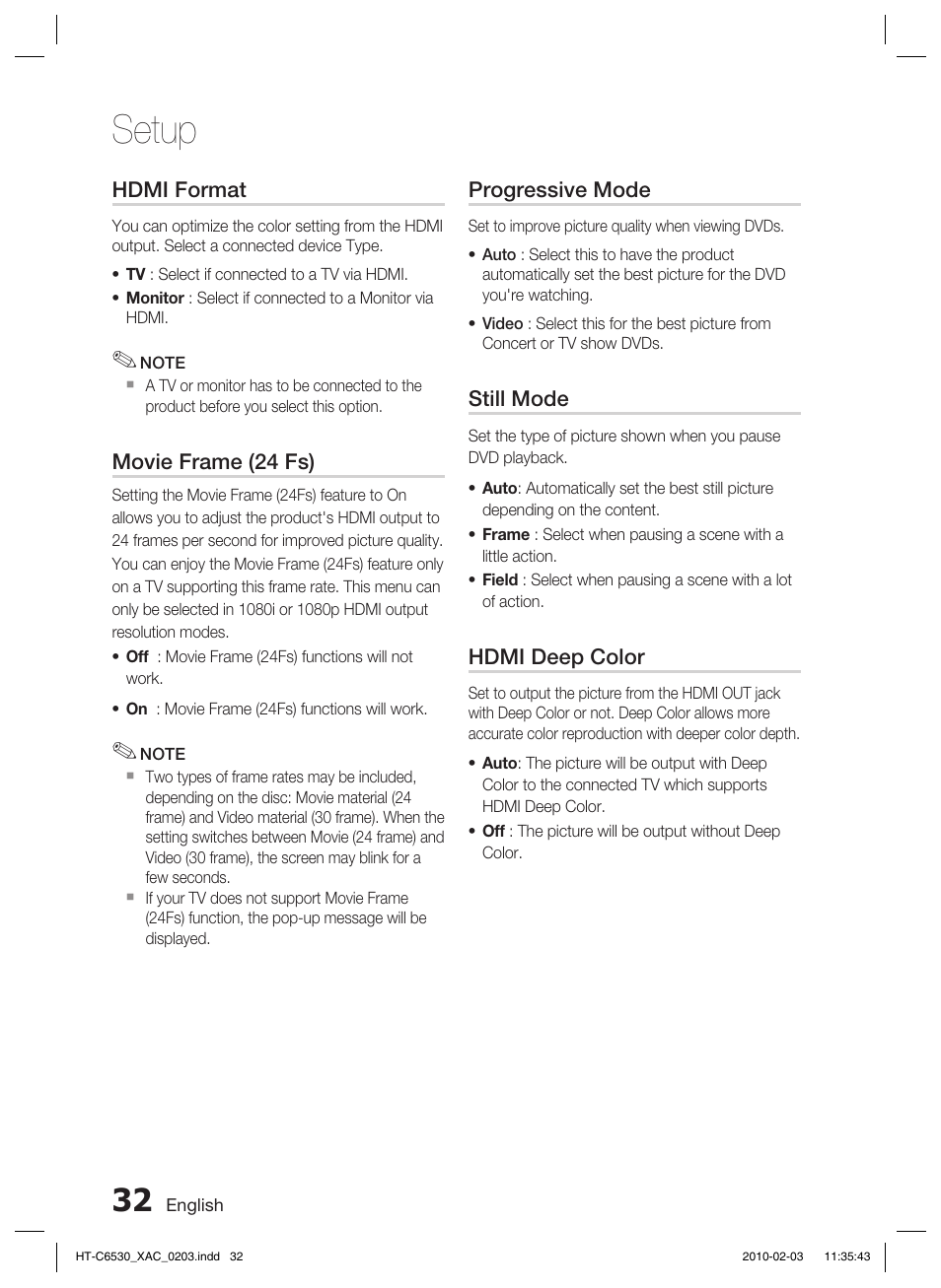 Setup | Samsung HT-C6530 User Manual | Page 32 / 69