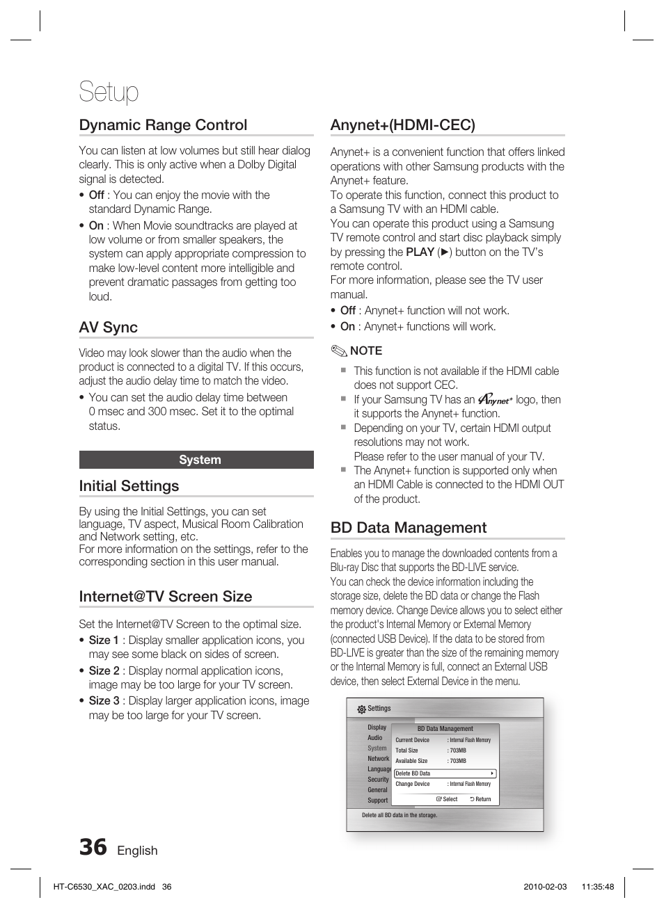 System, Setup, Dynamic range control | Av sync, Initial settings, Internet@tv screen size, Anynet+(hdmi-cec), Bd data management | Samsung HT-C6530 User Manual | Page 36 / 69