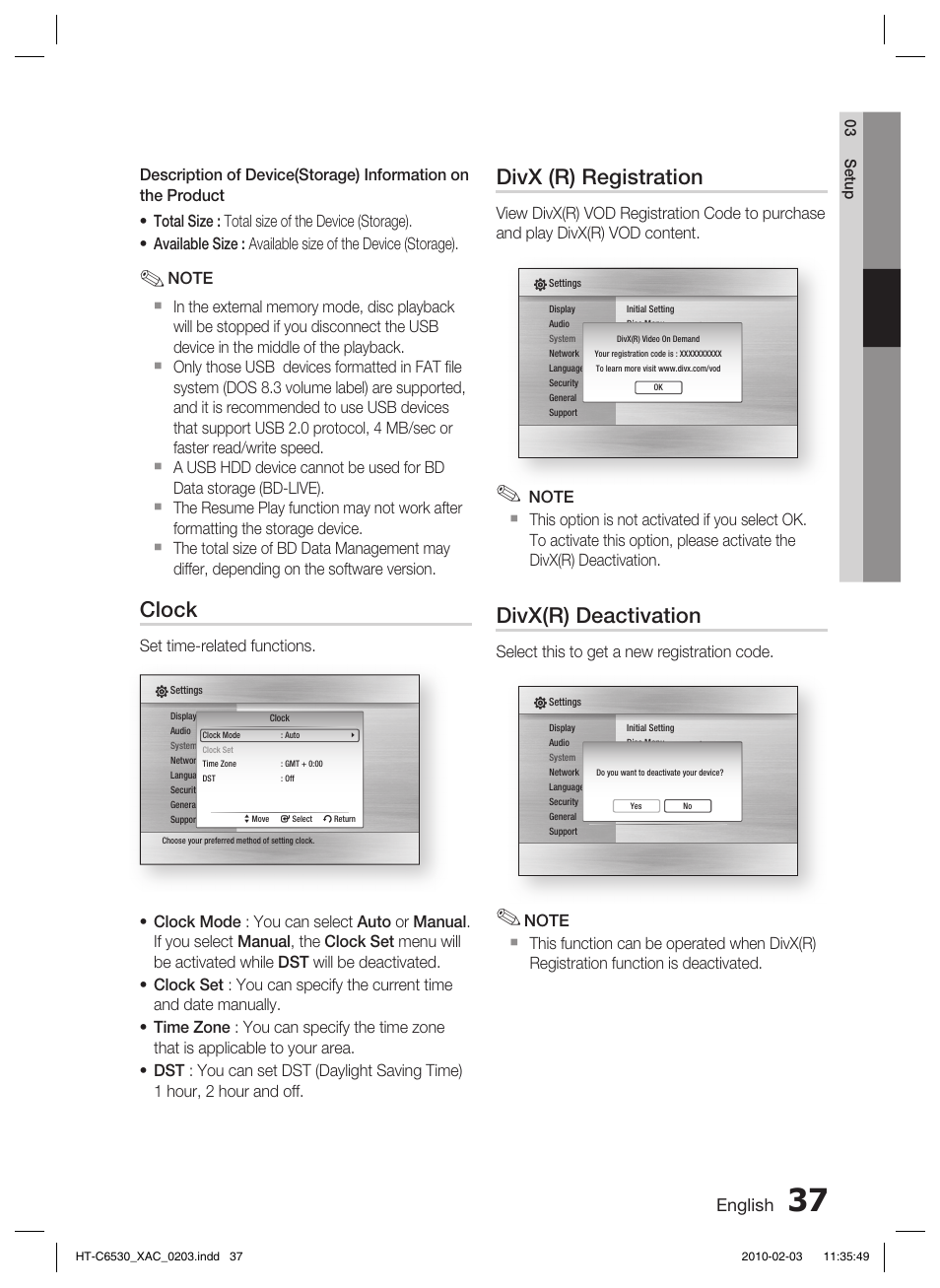 Clock, Divx (r) registration, Divx(r) deactivation | English, Set time-related functions, Select this to get a new registration code | Samsung HT-C6530 User Manual | Page 37 / 69