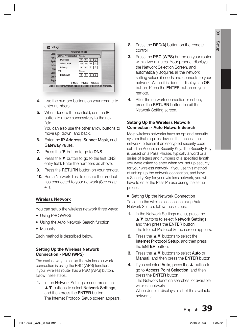 English, Wireless network | Samsung HT-C6530 User Manual | Page 39 / 69