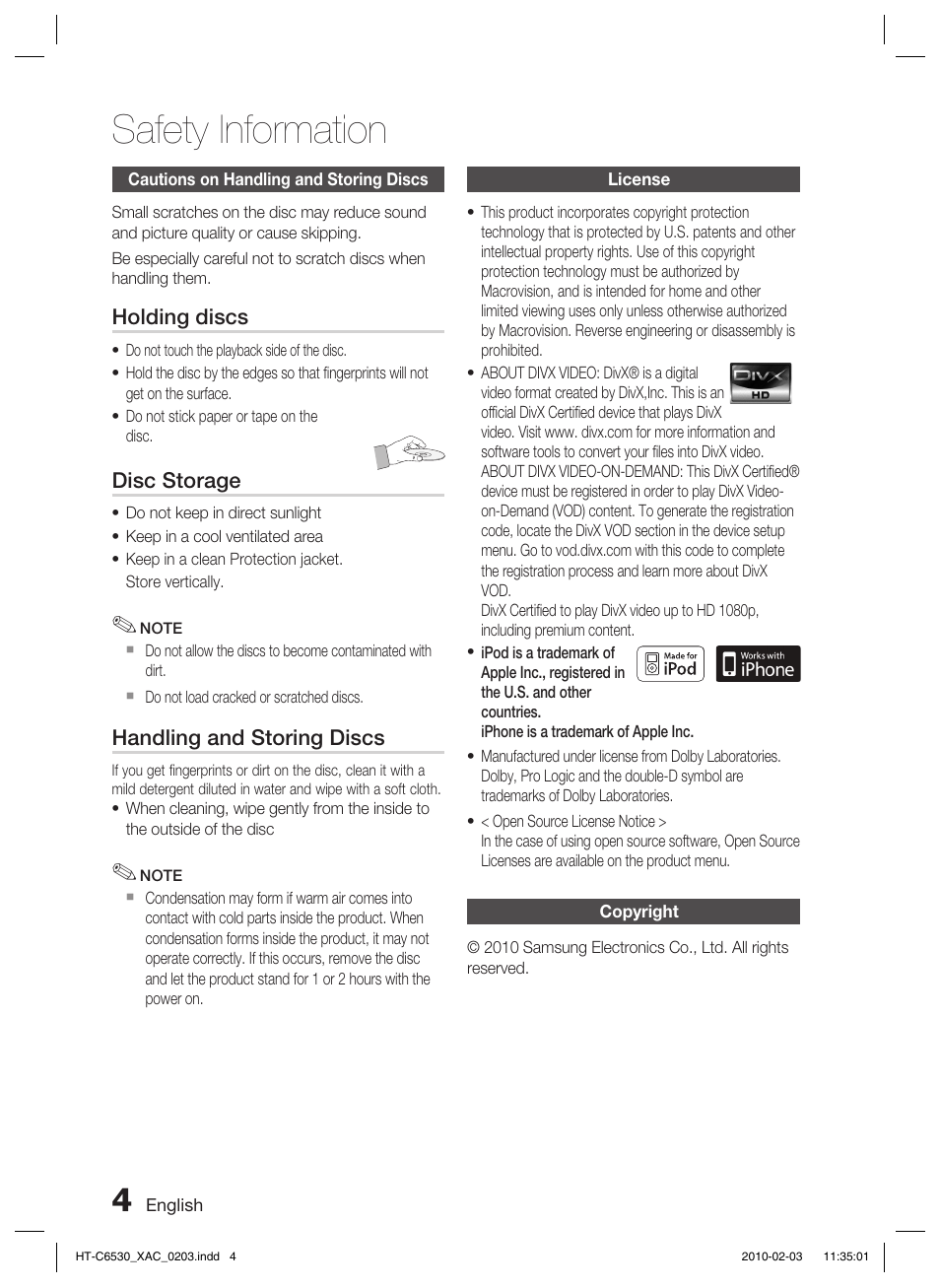Safety information, Cautions on handling and storing discs, License | Copyright | Samsung HT-C6530 User Manual | Page 4 / 69