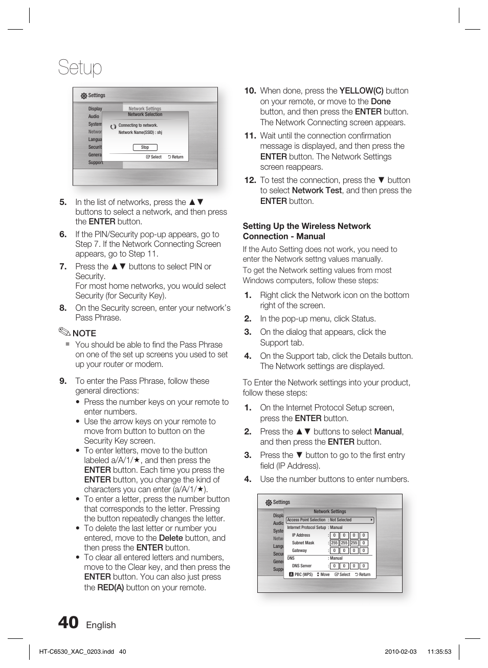 Setup, English | Samsung HT-C6530 User Manual | Page 40 / 69