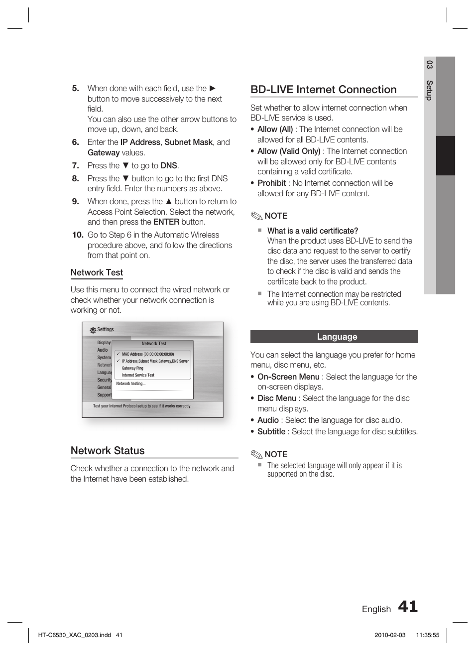 Language, Network status, Bd-live internet connection | Samsung HT-C6530 User Manual | Page 41 / 69