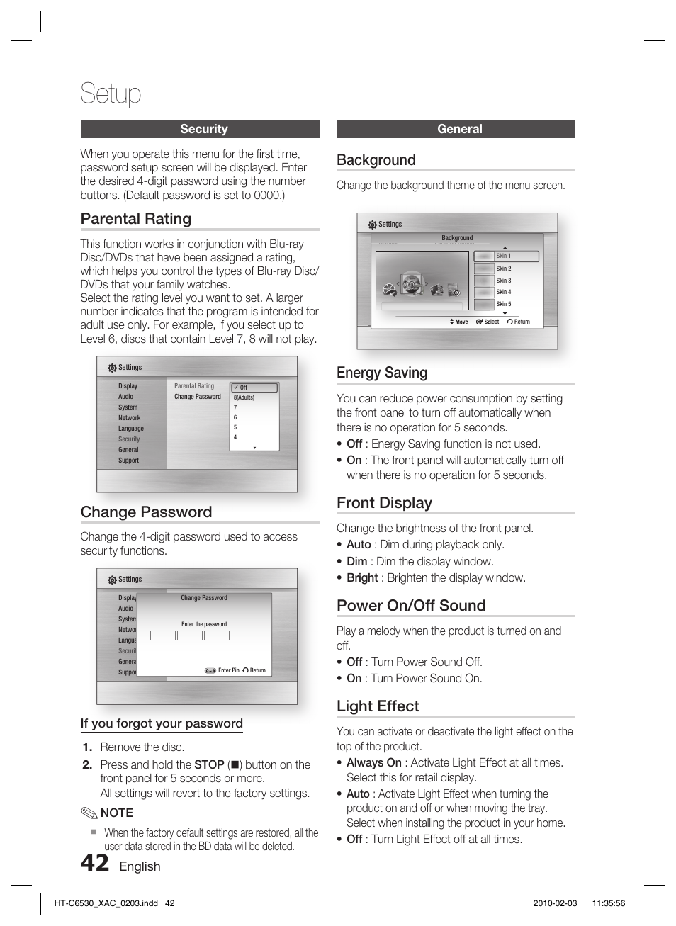 Security, General, Setup | Parental rating, Change password, Background, Energy saving, Front display, Power on/off sound, Light effect | Samsung HT-C6530 User Manual | Page 42 / 69
