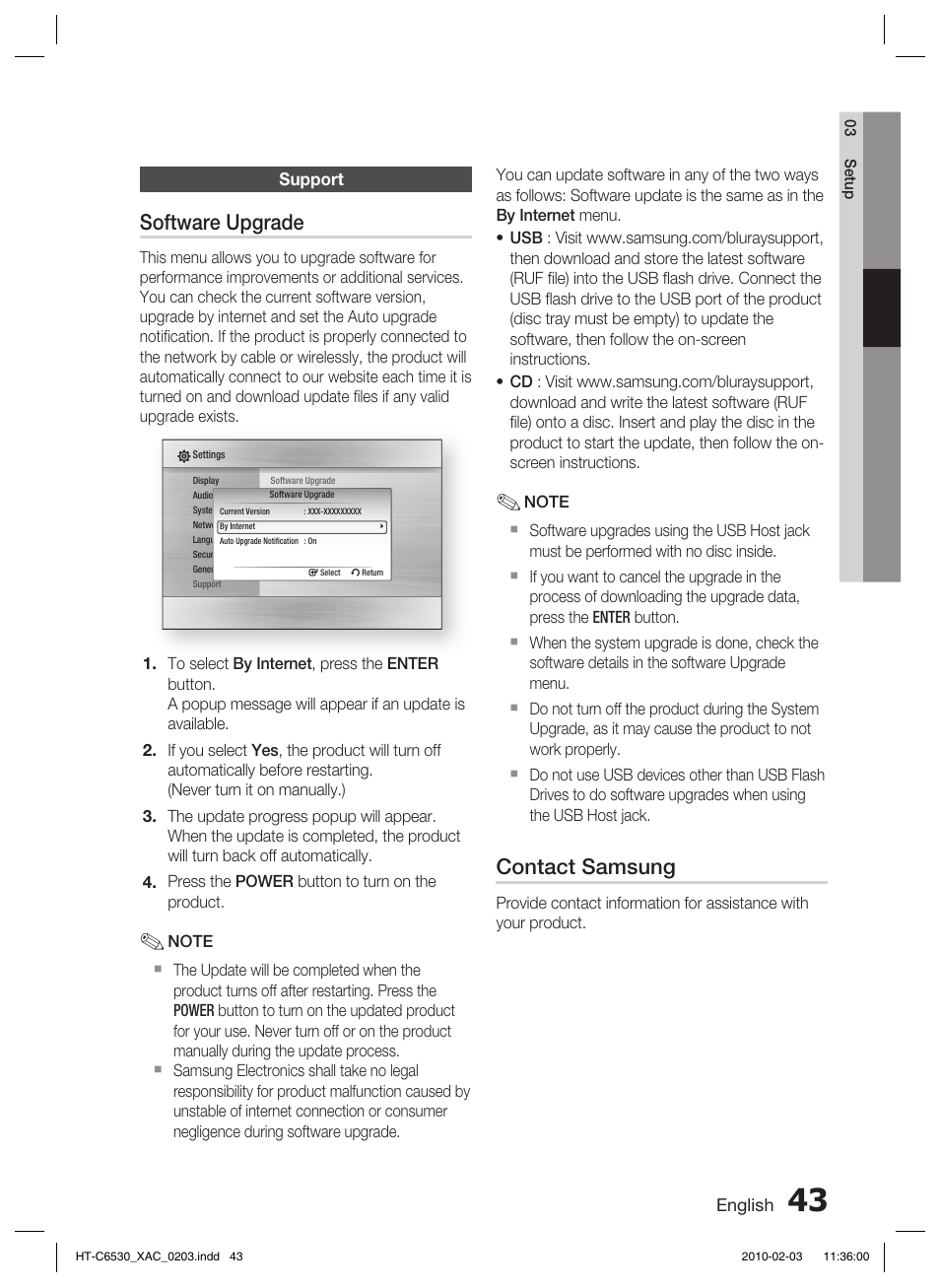 Support, Software upgrade, Contact samsung | Samsung HT-C6530 User Manual | Page 43 / 69
