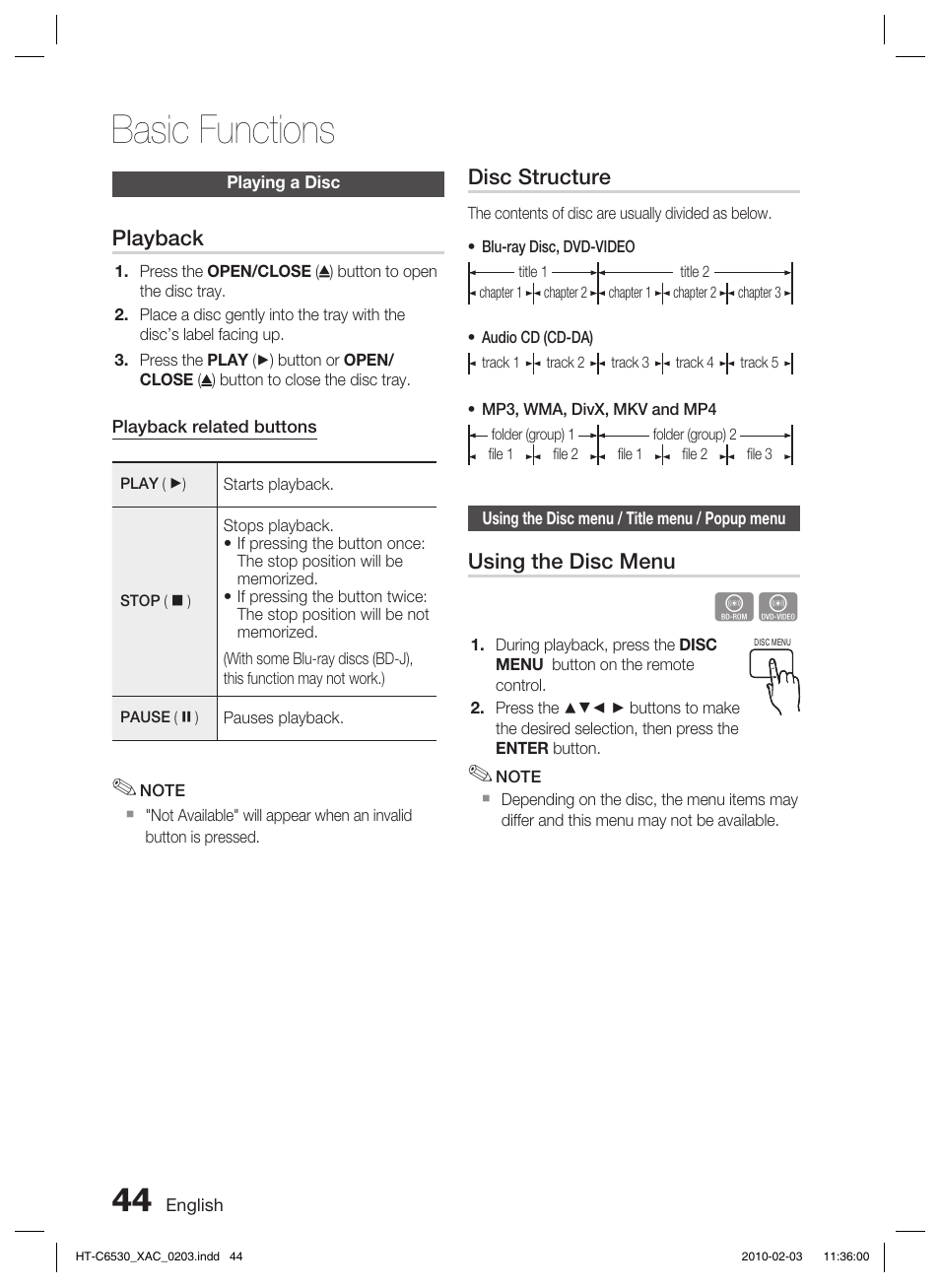 Basic functions, Playing a disc, Using the disc menu / title menu / popup menu | Playback, Disc structure, Using the disc menu | Samsung HT-C6530 User Manual | Page 44 / 69