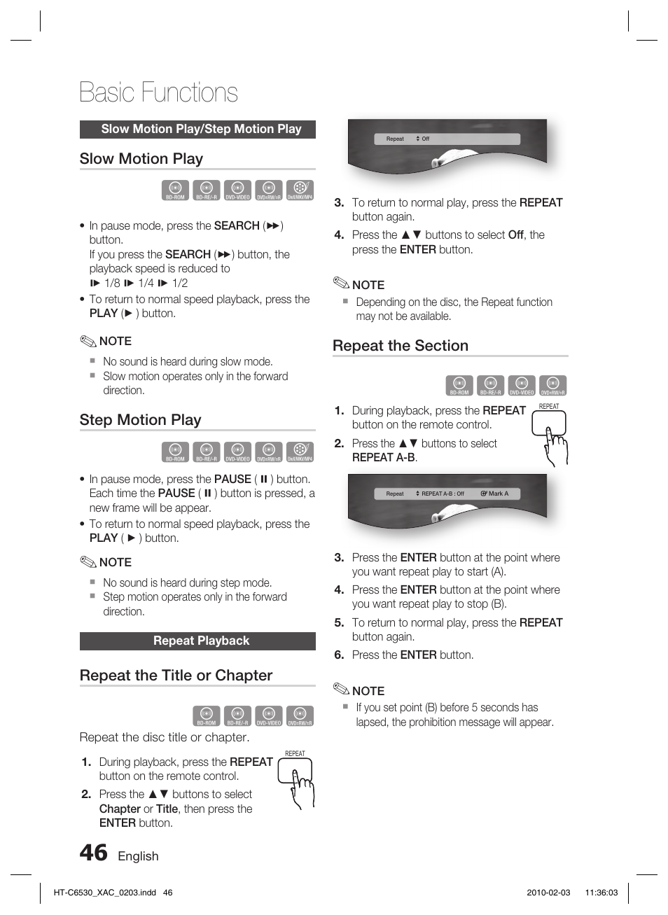 Slow motion play/step motion play, Repeat playback, Basic functions | Hzzyx, Hzzy | Samsung HT-C6530 User Manual | Page 46 / 69