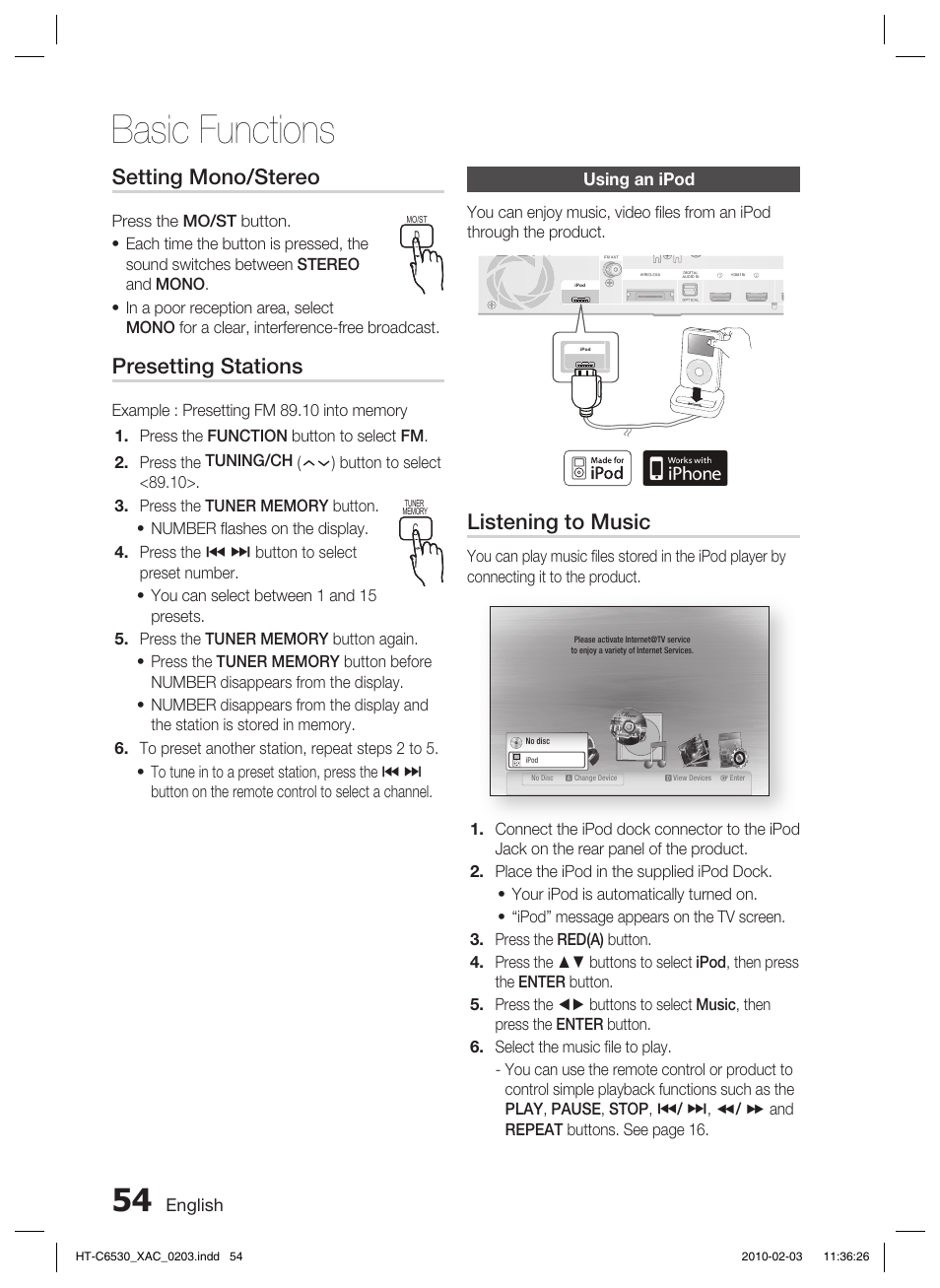 Basic functions, Listening to music, Setting mono/stereo | Presetting stations | Samsung HT-C6530 User Manual | Page 54 / 69