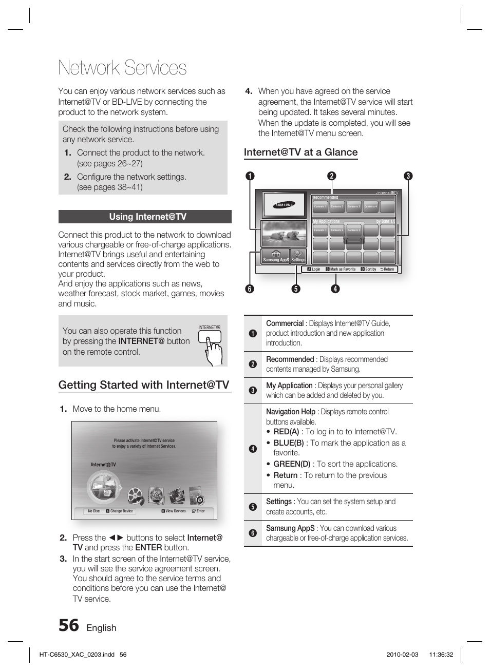 Network services, Getting started with internet@tv, Internet@tv at a glance | English, Using internet@tv | Samsung HT-C6530 User Manual | Page 56 / 69
