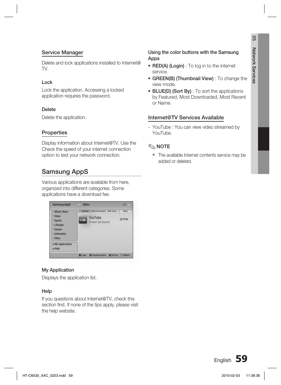 Samsung apps, English, Service manager | Properties, Internet@tv services available | Samsung HT-C6530 User Manual | Page 59 / 69