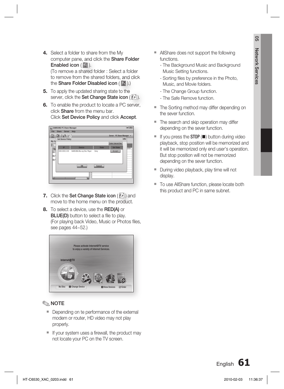 English, Allshare does not support the following functions | Samsung HT-C6530 User Manual | Page 61 / 69