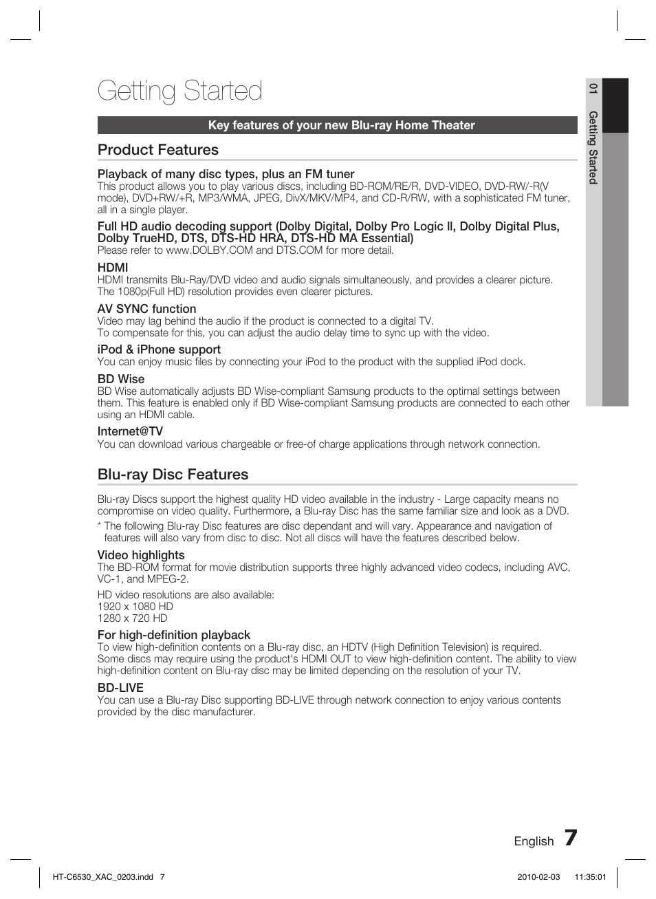 Key features of your new blu-ray home theater, Getting started, Product features | Blu-ray disc features | Samsung HT-C6530 User Manual | Page 7 / 69